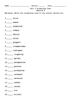  Practice Tests for Vocabulary Workshop® Level C - Unit 3. Which vocabulary test would you like to take? Take Tests. Learning Definitions Reverse Definitions Vocabulary Sentences Reverse Sentences Synonym Practice Reverse Synonyms Antonyms Online Reverse Antonyms Parts of Speech Stress Marks Spelling Fill-In Spelling Multiple Choice. 